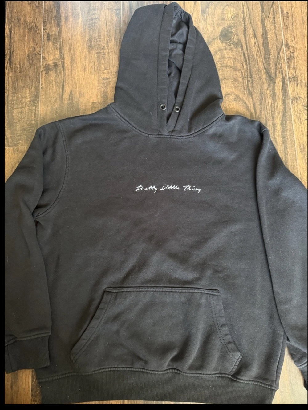 PrettyLittleThing Black Oversized Embroidered Script Logo Hoodie - Size S